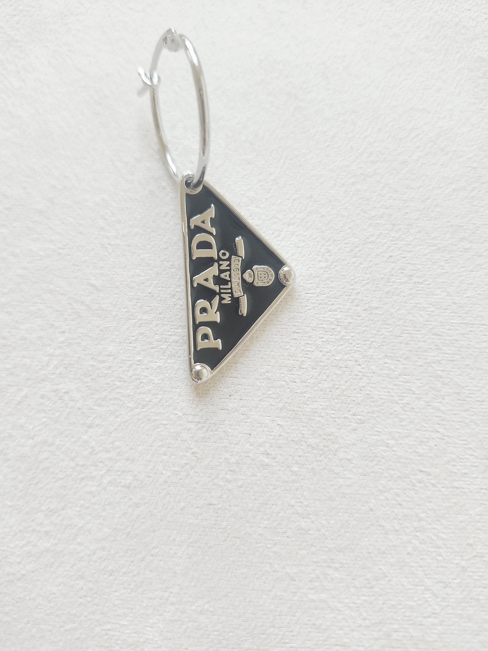 Prada Symbole Pendant Earring Left Ear Black Enamel Sterling Silver 925